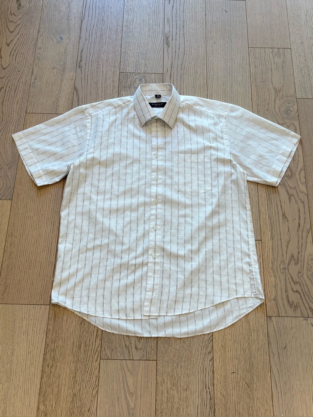 Gucci Collection Ivory Windowpane Short Sleeve Button-Up Shirt Large